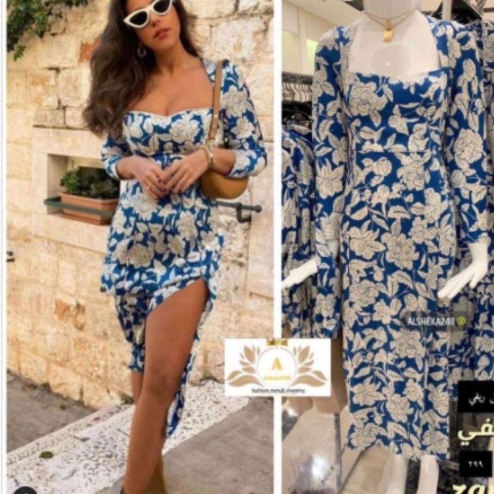 ZARA Printed Floral Midi Dress Blue Large